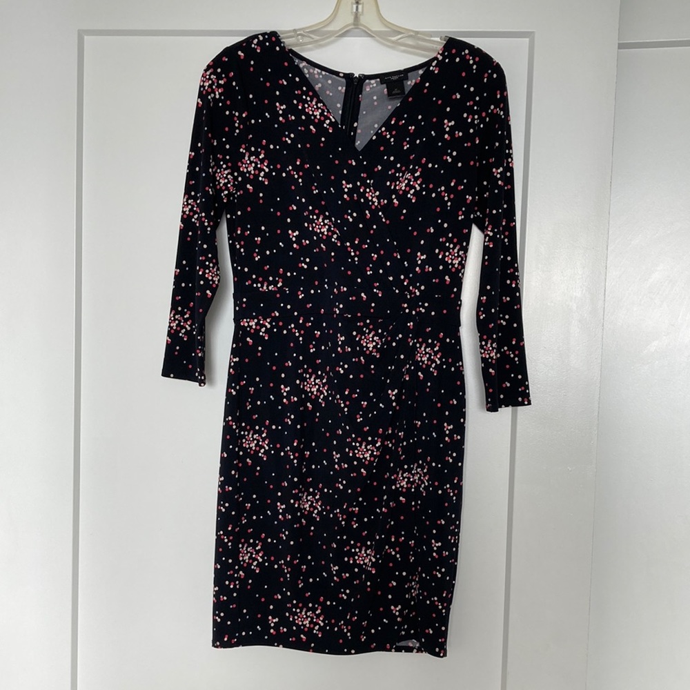 Ann Taylor elegant petite black dress with scattered polka dots, size 2P